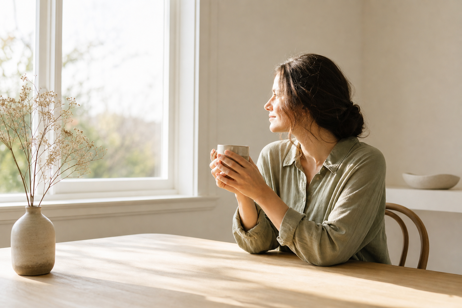 A person sitting by a window in soft morning light, holding a mug