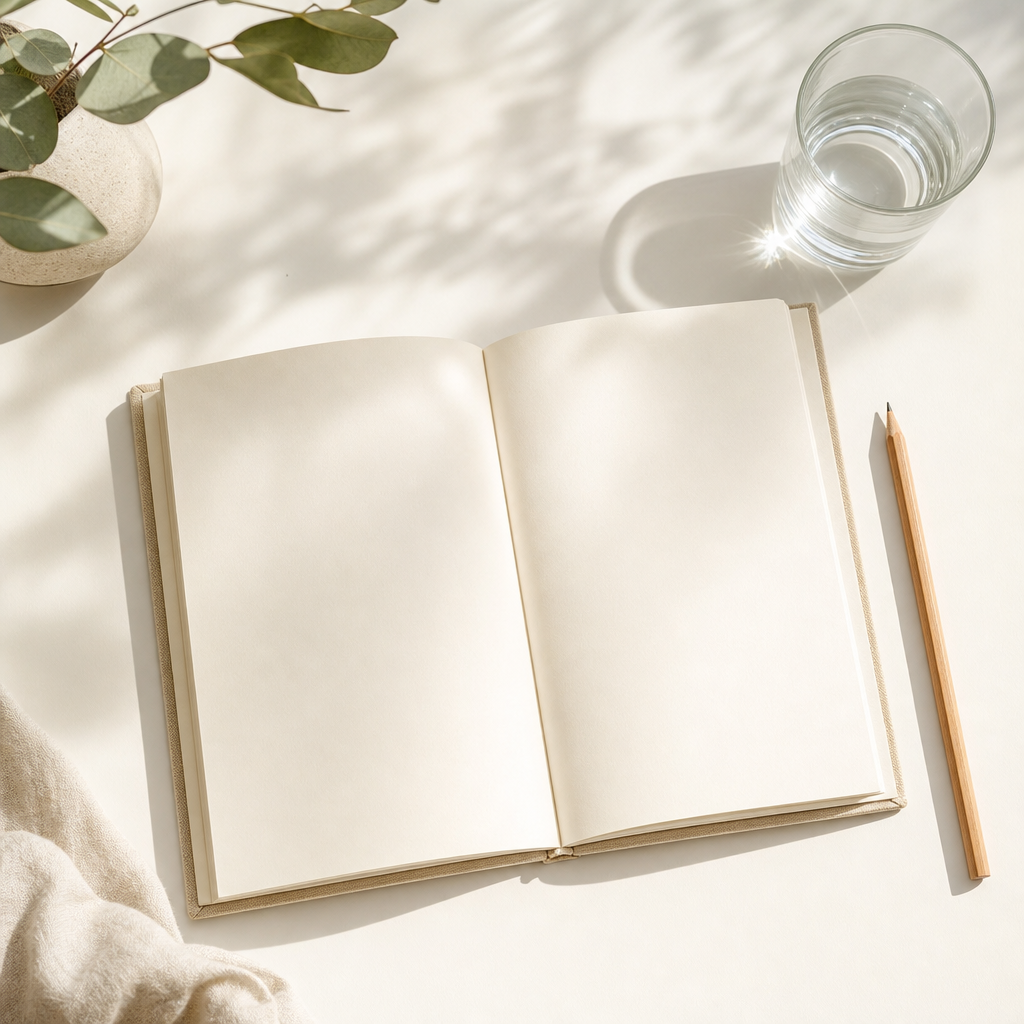 An open notebook and a glass of water on a bright desk in natural light